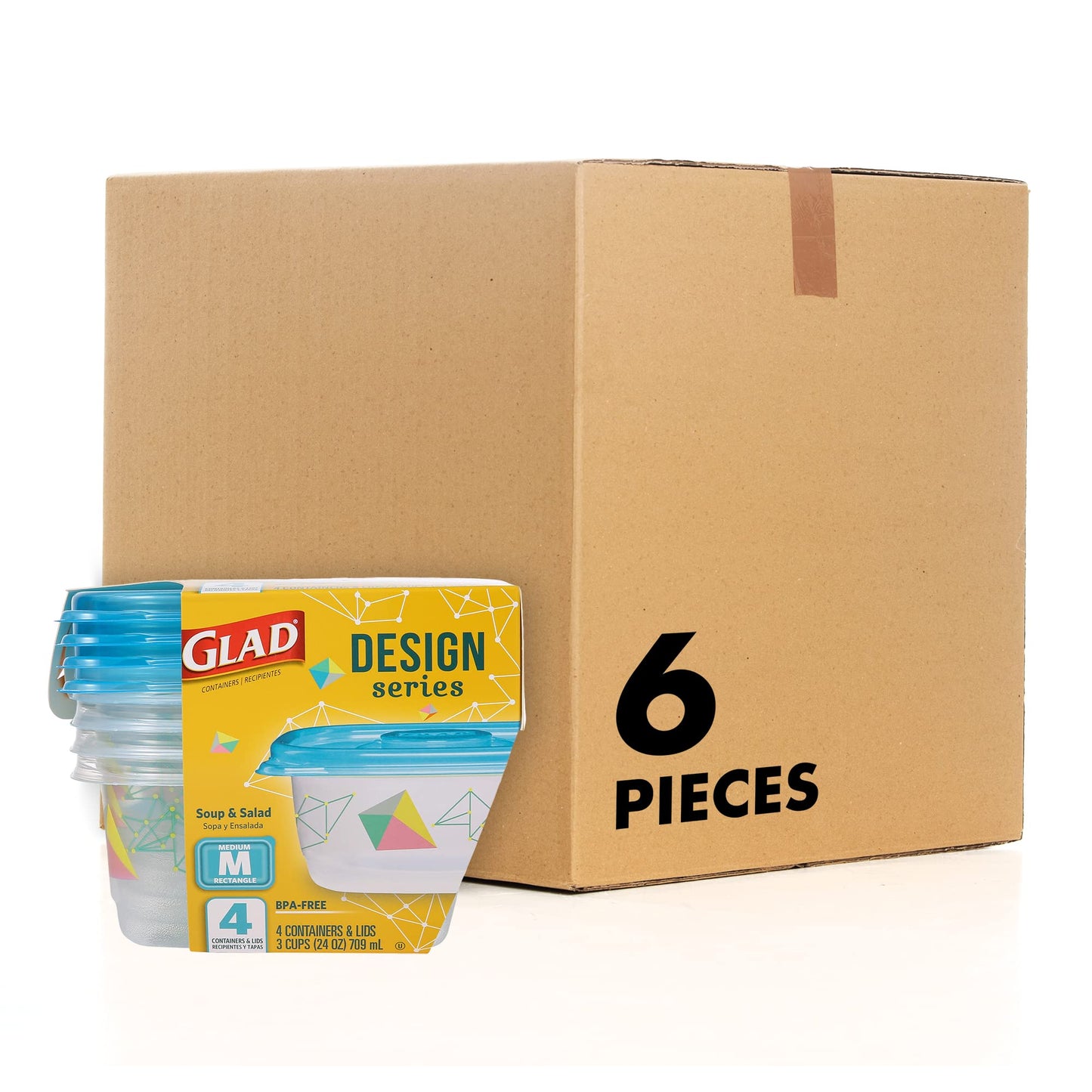 Glad GladWare Design Series Food Storage Containers with Lids, Medium Rectangle BPA Free Plastic for Meal Prep and Lunches, Tight Seal, Microwave and Dishwasher Safe, 24 Oz, 4 Count - 6 Pack