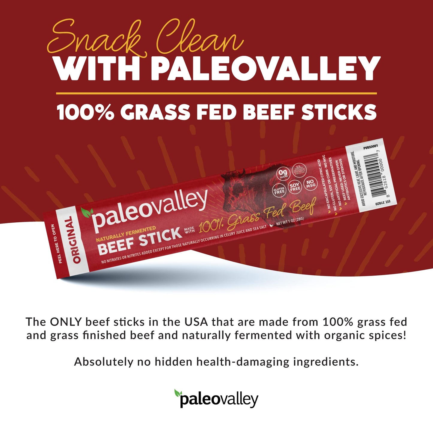 Paleovalley 100% Grass Fed Original Beef Sticks - Delicious Gluten Free Beef Snack - High Protein Keto Friendly