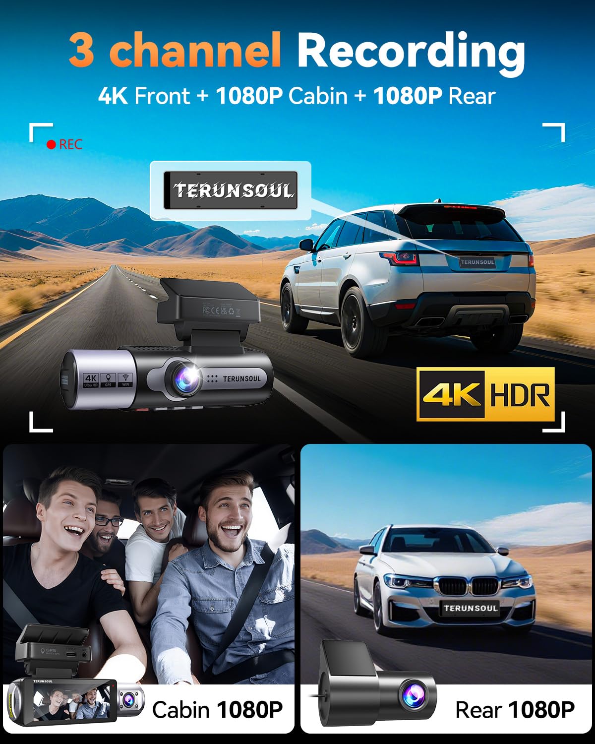 TERUNSOUl 4K Dash Cam Front and Rear, Full HD 3 Channel Dashcam, Free 128GB MicroSD Card, Built-in 5.8GHz WiFi Built-in GPS, Collision Sensor, Night Vision, HDR, 3.16" IPS, 24H Parking Mode（Black）