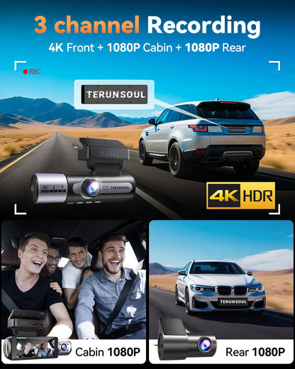 TERUNSOUl 4K Dash Cam Front and Rear, Full HD 3 Channel Dashcam, Free 128GB MicroSD Card, Built-in 5.8GHz WiFi Built-in GPS, Collision Sensor, Night Vision, HDR, 3.16" IPS, 24H Parking Mode（Black）