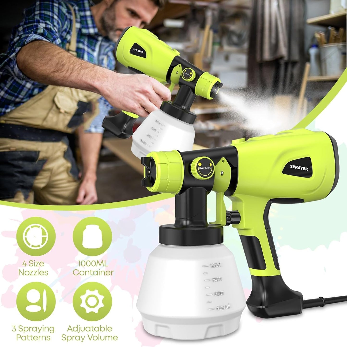 Paint Sprayer Tool 1000W High Power Electric Paint Spray Gun with Adjustable Spray Width Knob 4 Nozzles and 3 Patterns Simple to Clean for Lawn and Garden Furniture Home Interior House Painting Green