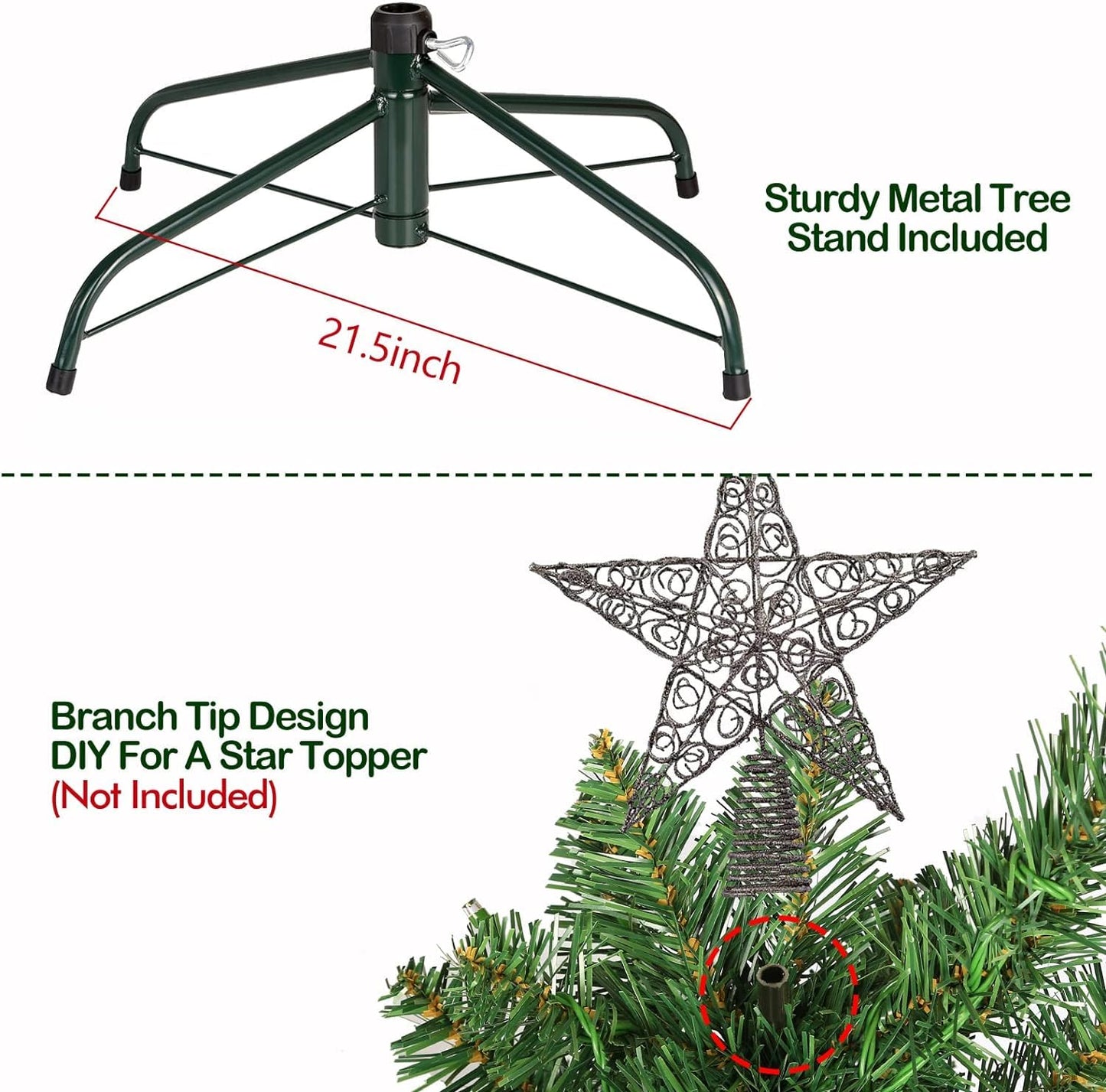 Hykolity 7.5 ft Prelit Christmas Tree, Artificial Christmas Tree with 450 Warm White Lights, 1450 Branch Tips, Metal Stand and Hinged Branches