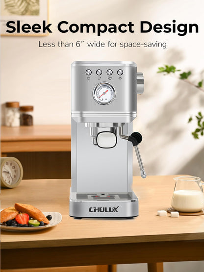 CHULUX Kompatto Espresso Machine 20 Bar with Milk Frother, Stainless Steel Automatic Espresso Coffee Machine for Home Latte & Cappuccino Maker, 40oz Removable Water Tank, 1350W