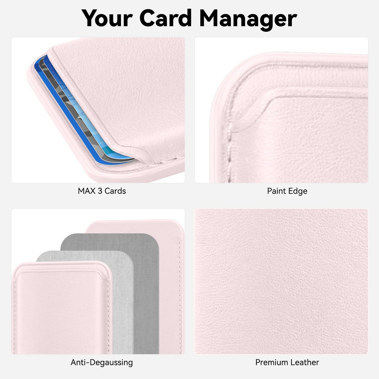 KRTALS Magnetic Wallet Cell Phone Card Holder for Phone Case, Stronger Magnetic RFID Leather Phone Wallet Stick on Series of iPhone 17/16/15/14/13/12 and Pro/Promax, Light Pink