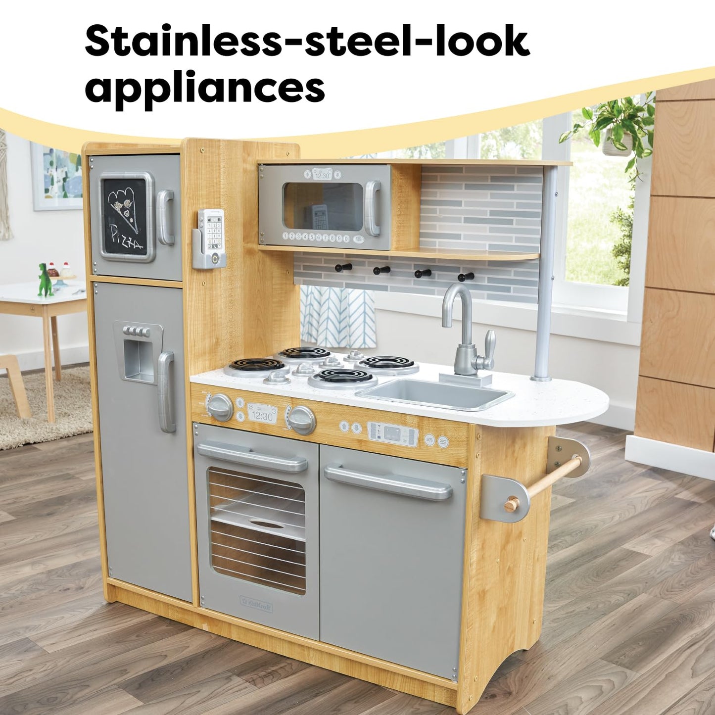 KidKraft Uptown Natural Wooden Play Kitchen with Play Phone, Chalkboard & Towel Rack, Gift for Ages 3+