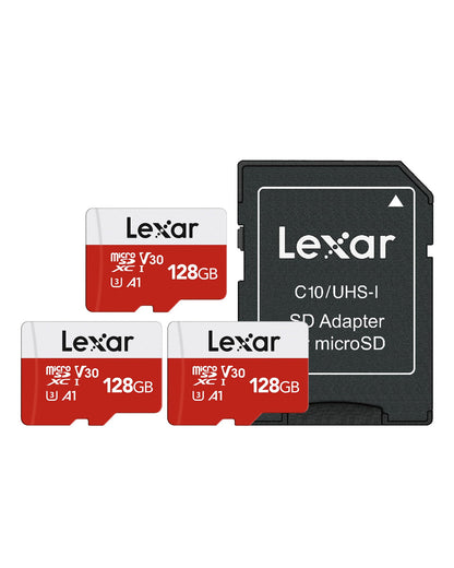 Lexar E-Series 128GB Micro SD Card 3 Pack, microSDXC UHS-I Flash Memory Card with Adapter, 100MB/s, C10, U3, A1, V30, Full HD, 4K UHD, High Speed TF Card