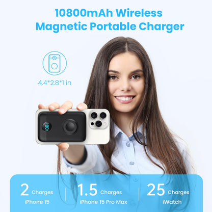 Magnetic Portable Charger 10800mAh,4-in-1 Wireless Power Bank with iWatch Charger, QC4.0+20W PD Fast Charging USB C Battery Pack with LCD Display for Magsafe,iPhone 16/15/14/13/12 Series,Apple Watch