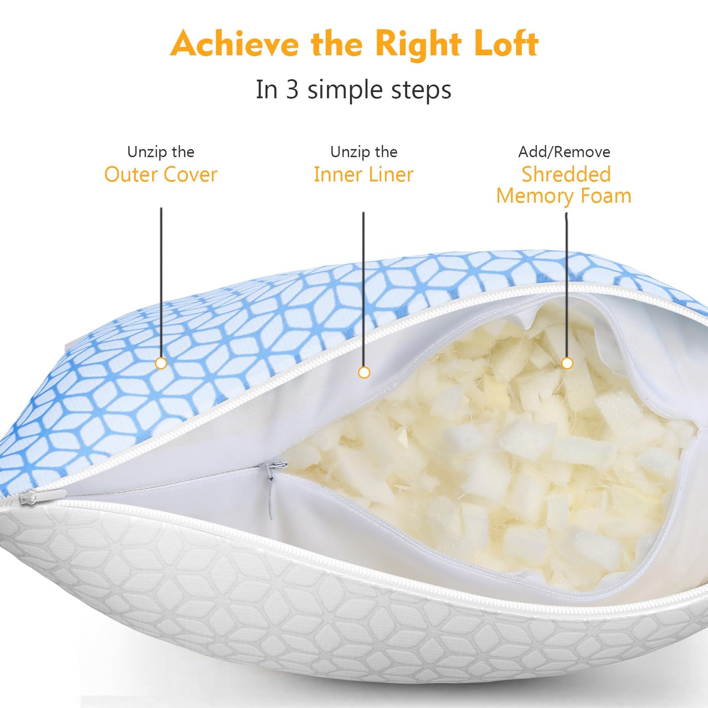 Love Attitude Shredded Memory Foam Pillows King Size Set of 2, Cooling Pillow Firm and Soft Adjustable for Side Back Stomach Sleepers