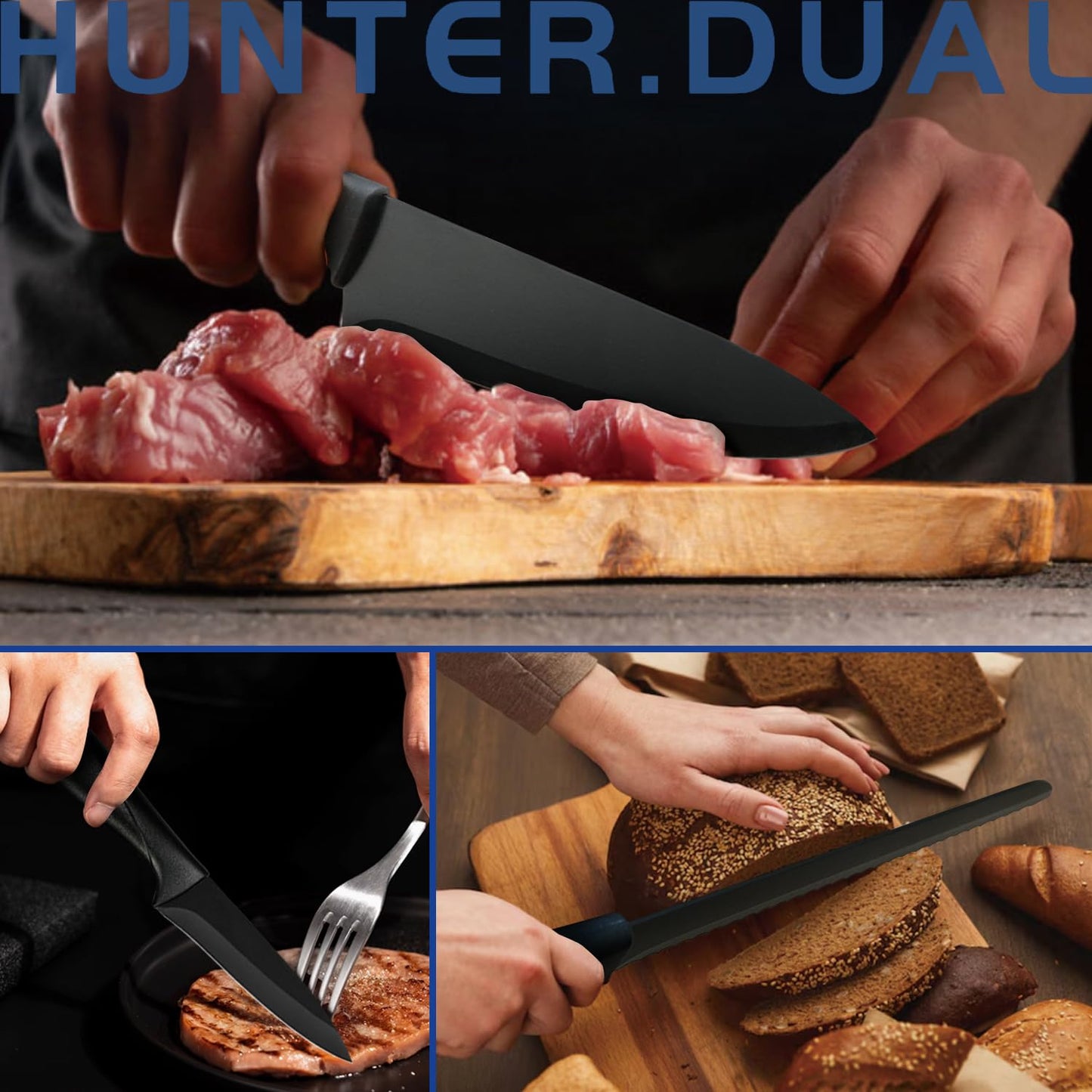 HUNTER.DUAL Knife Set, 8-Piece Kitchen Knife Set for Chef, Sharp Knife Set with Universal Knife Block, Anti-Rust Kitchen Knife Block Set, Ergonomical Design (Black)