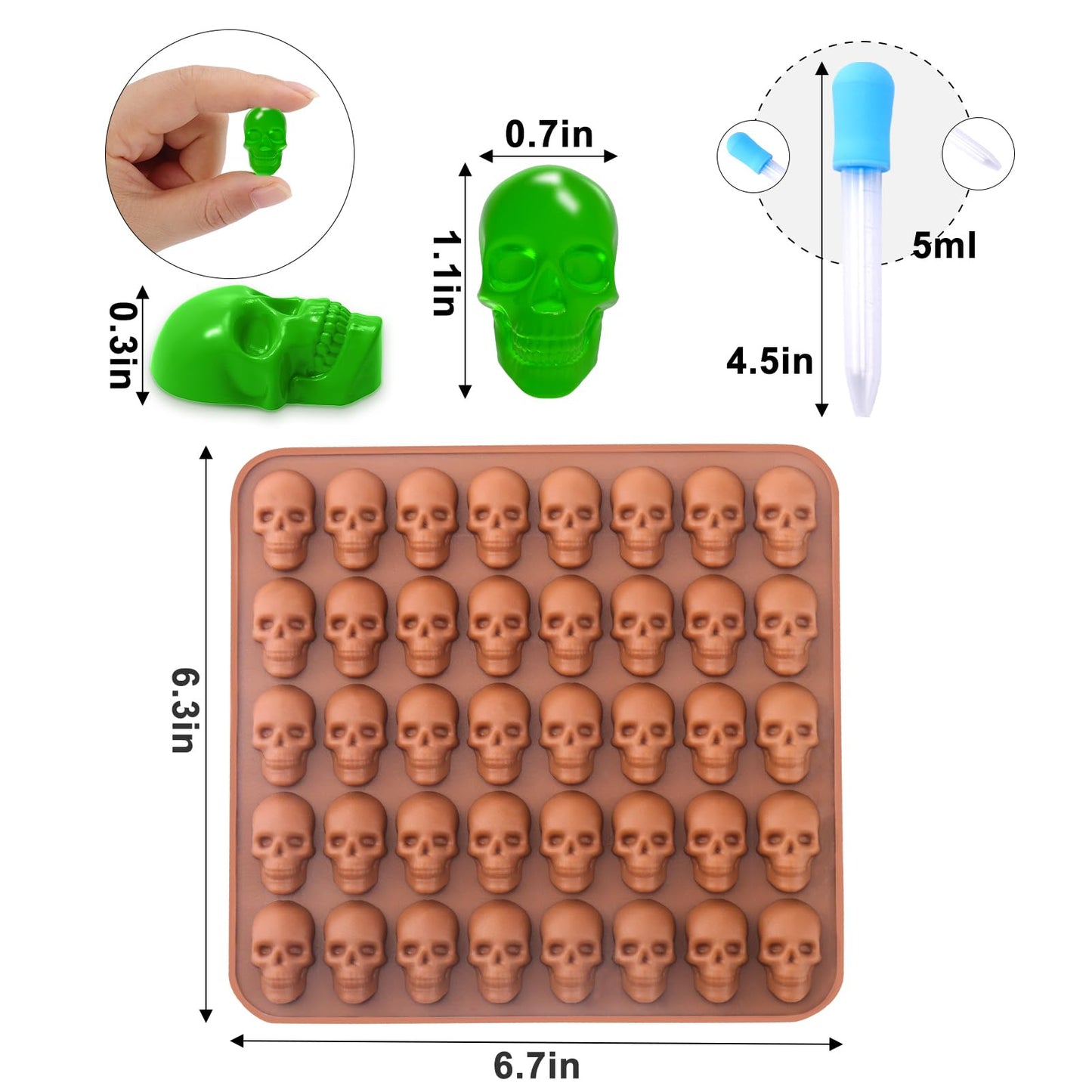 BUSOHA Gummy Skull Candy Molds Silicone, 2 Pack 40 Cavity Non-Stick Skull Silicone Molds with 1 Droppers for Chocolate, Candy, Jelly, Ice Cube, Dog Treats