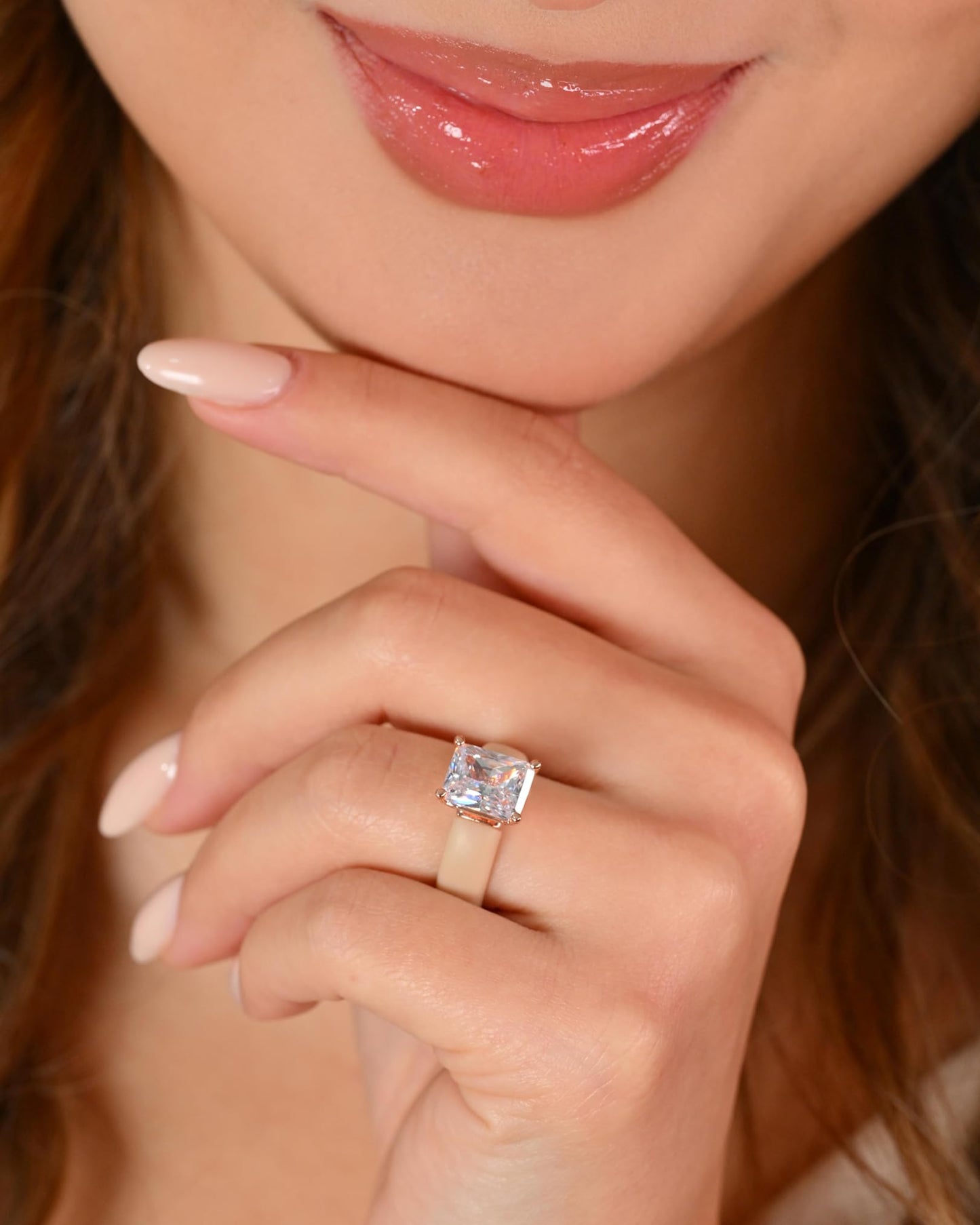 Rinfit Silicone Ring with Stone - Emerald Cut Cubic Zirconia Solitaire Engagement Ring for Women - Rubber Wedding Bands - Nude/Rose Gold - Size 8