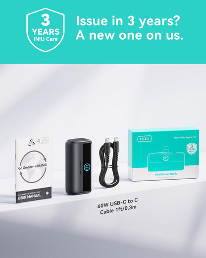 INIU Mini Portable Charger, 5500mAh Power Bank with Build-in USB-C Connector, 22.5W PD Fast Charging USB C in&Out Battery Pack, External Phone Charger for iPhone 16/15, Samsung S23 S22, Google etc