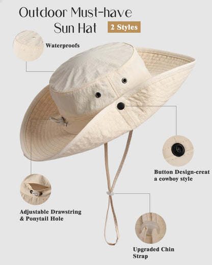 FURTALK Sun Hats for Women Men UV Protection Summer Hat Wide Brim Packable UPF50 Cowboy Hat Hiking Fishing Hats Beige