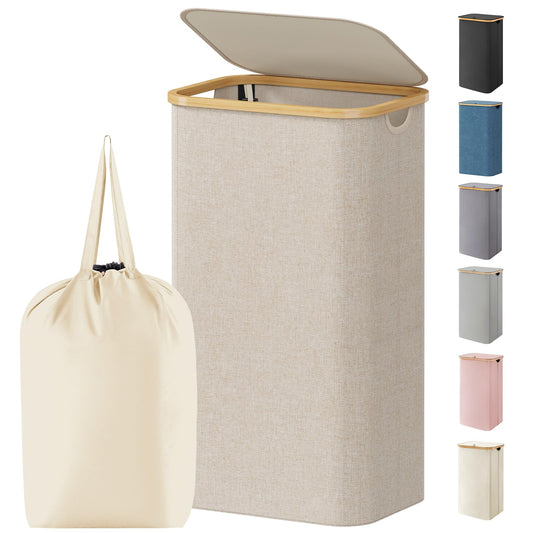 Lifewit 100L Laundry Basket with Lid, Clothes Hampers for Laundry with Bamboo Handles and 1 Removable Bag, Large Foldable Laundry Hamper for Bedroom, Bathroom, Dorm, Laundry Room, Beige