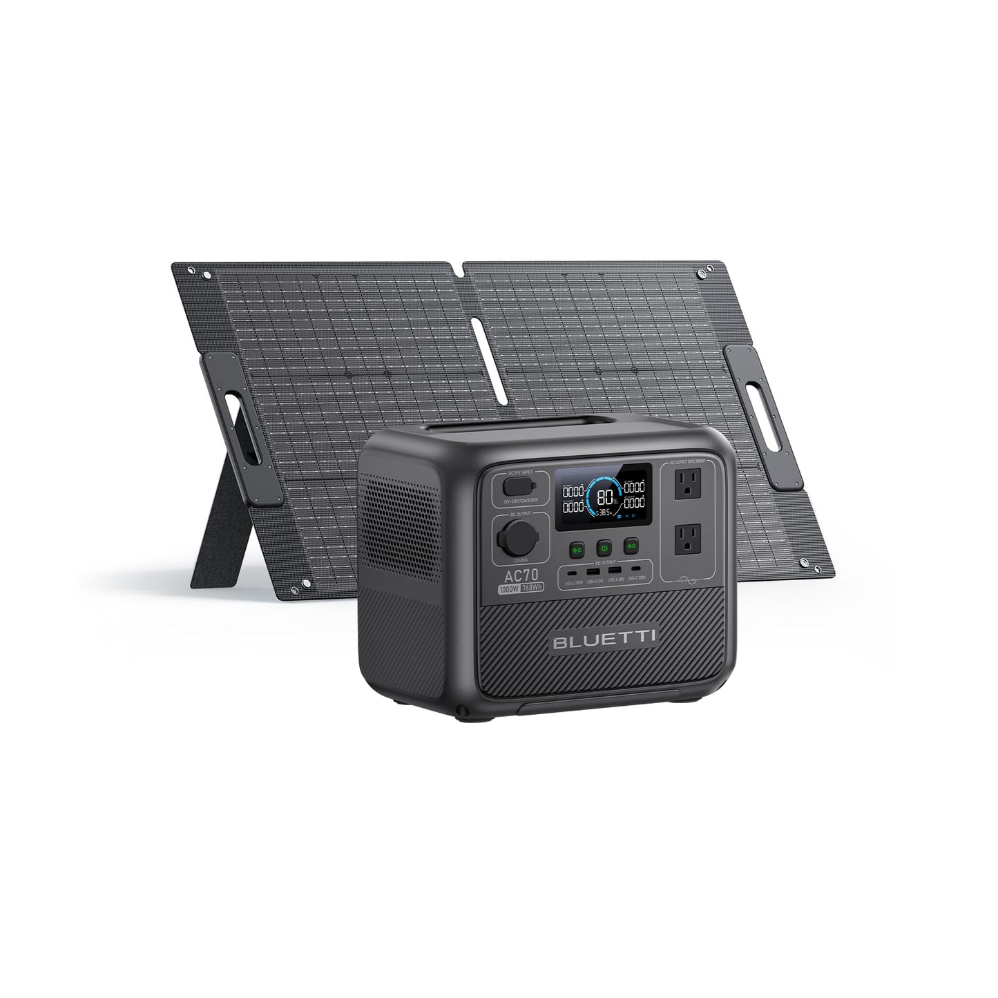 BLUETTI Solar Generator AC70 with 100W Solar Panel (Ships Separately), 768Wh Portable Power Station with 2 1000W (Power Lifting 2000W) AC Outlets, 0-80% in 45 Min, LFP Backup Power for Camping