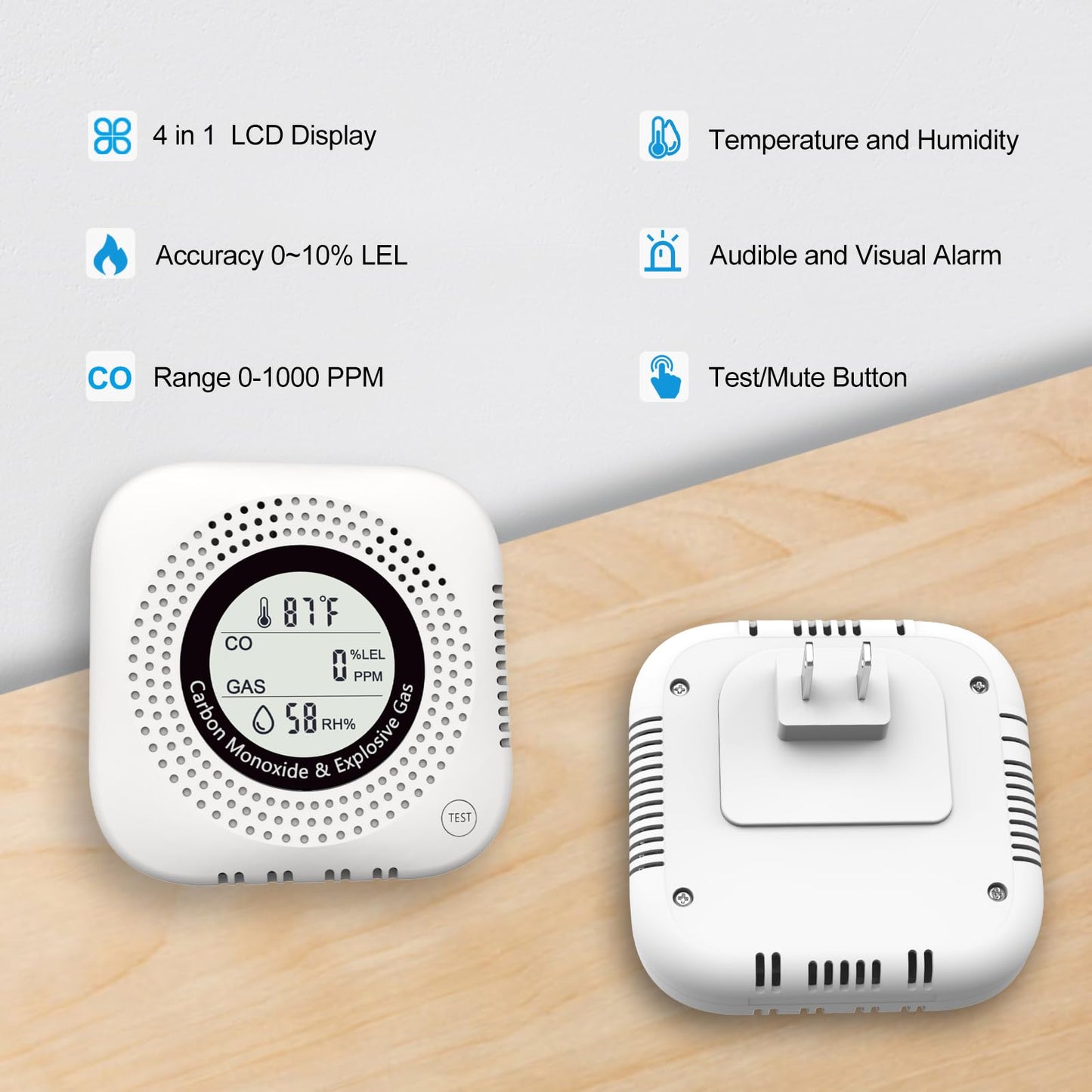 4-in-1 Upgraded Natural Gas Leak Detector and Carbon Monoxide Detectors,Carbon Monoxide Detectors Plug in with Temperature & Humidity Monitor CO Methane Propane Alarm for Home RV Hotel (White)