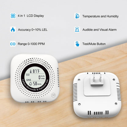 4-in-1 Upgraded Natural Gas Leak Detector and Carbon Monoxide Detectors,Carbon Monoxide Detectors Plug in with Temperature & Humidity Monitor CO Methane Propane Alarm for Home RV Hotel (White)