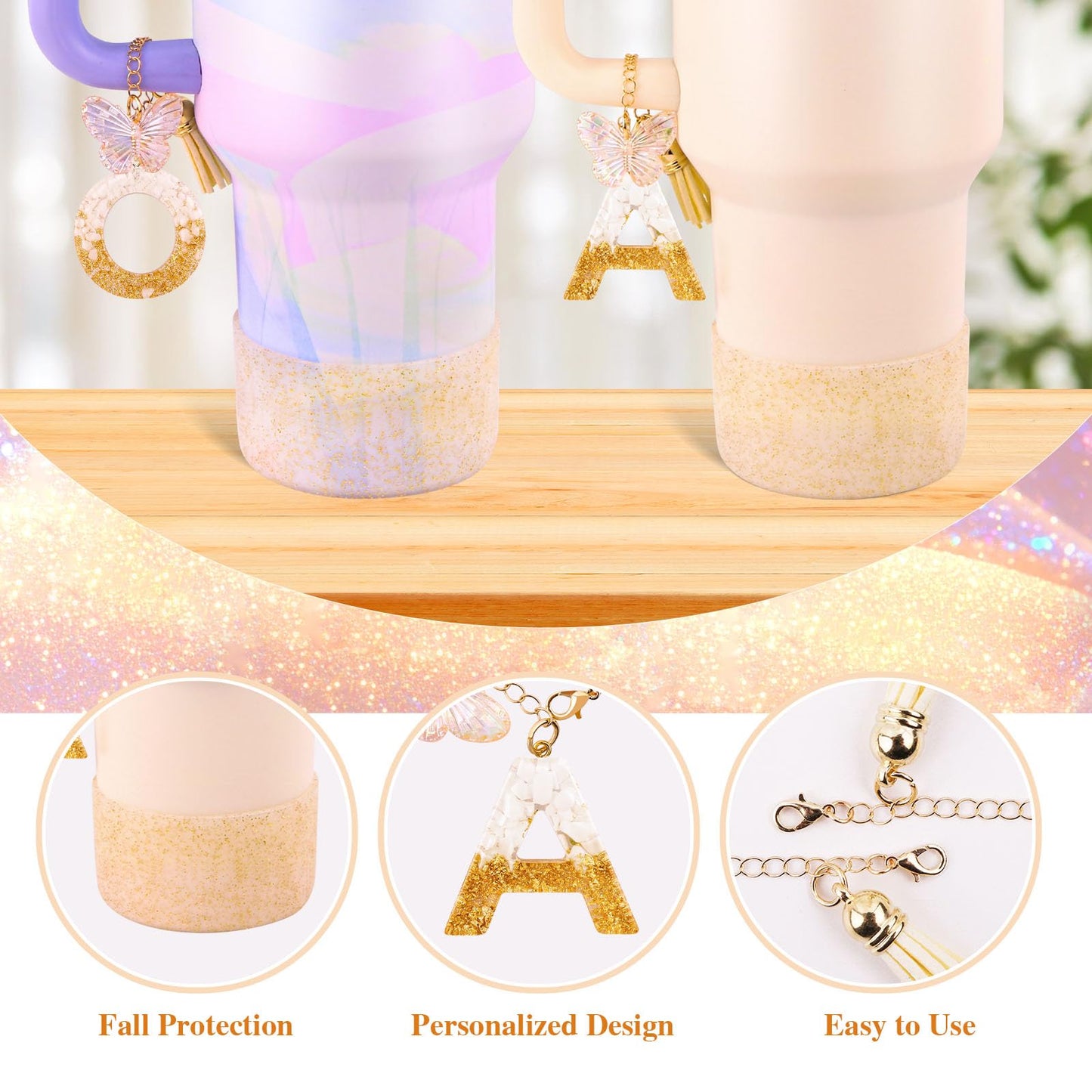 White Cup Accessories Set for Stanley 30OZ & 40OZ Tumbler with Handle, Letter Charms, Bow & Diamond Straw Covers, Glitter Silicone Boot, Personalized Sticker for Stanley Cup Accessories (A)