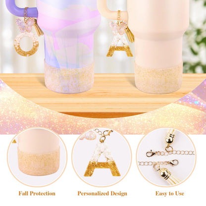 White Cup Accessories Set for Stanley 30OZ & 40OZ Tumbler with Handle, Letter Charms, Bow & Diamond Straw Covers, Glitter Silicone Boot, Personalized Sticker for Stanley Cup Accessories (A)