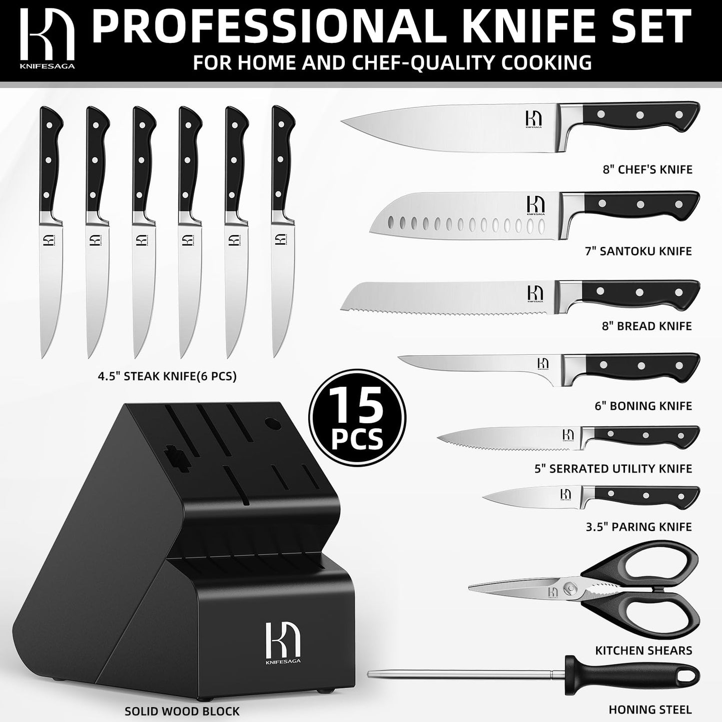 KnifeSaga Knife Set, 15 Pcs Kitchen Knife Block Set, Enduring Razor-Sharp High Carbon Stainless Steel Chef Knife Set with Block and Sharpener, Premium Black Knives Set for Kitchen Valentine's Gift