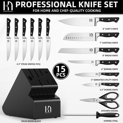 KnifeSaga Knife Set, 15 Pcs Kitchen Knife Block Set, Enduring Razor-Sharp High Carbon Stainless Steel Chef Knife Set with Block and Sharpener, Premium Black Knives Set for Kitchen Valentine's Gift