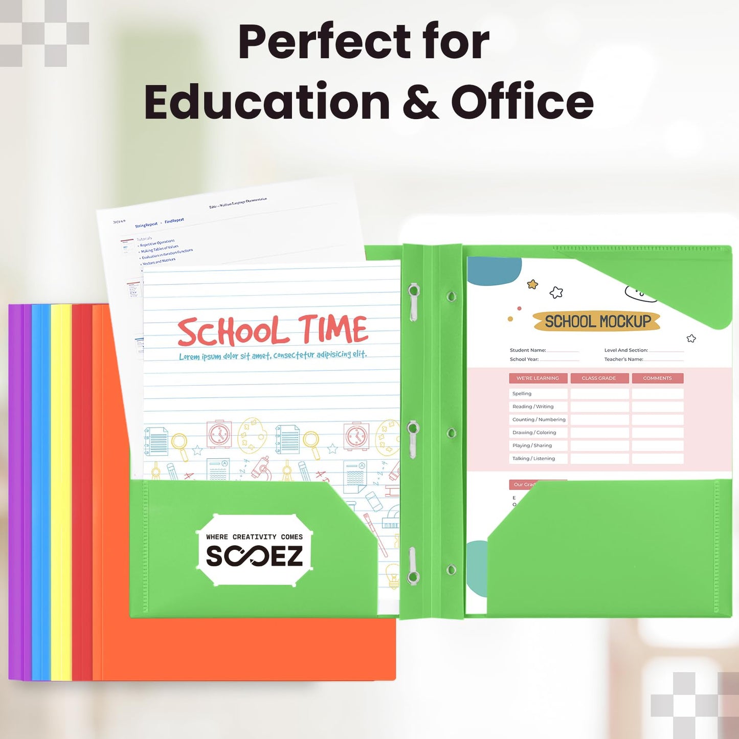 Sooez Plastic Folders with Pockets and Prongs, 6 Pack Pocket Folders with Prongs, Heavy Duty 3 Prong 2-Pocket Folders for Document, Colored File Folder Back to School Supplies for Kids