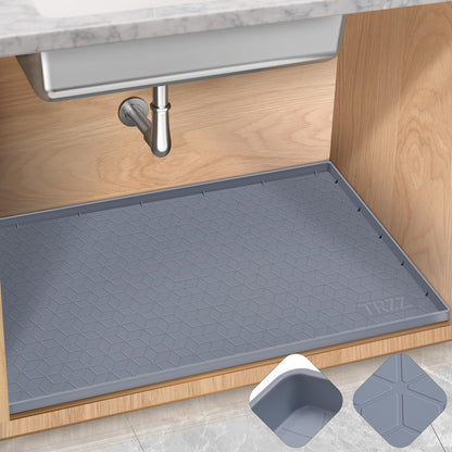 TRZZ Silicone Waterproof Under Sink Mat 34" x 22", Drip Tray and Cabinet Liner for Kitchen and Bathroom, Prevents Water Damage and Organizes Cabinets (Grey)