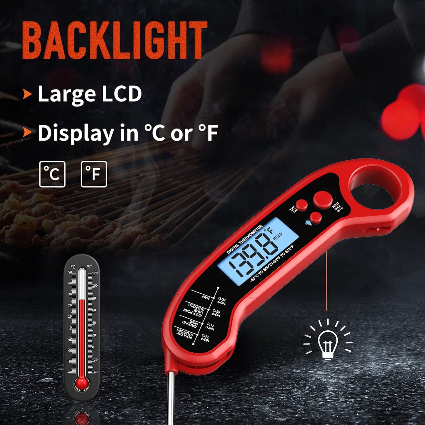 Meat Thermometer Digital, Instant Read Meat Thermometer for Grill and Cooking, Waterproof Food Thermometer for Kitchen and Outside, BBQ, Turkey, Candy, Liquids, Beef