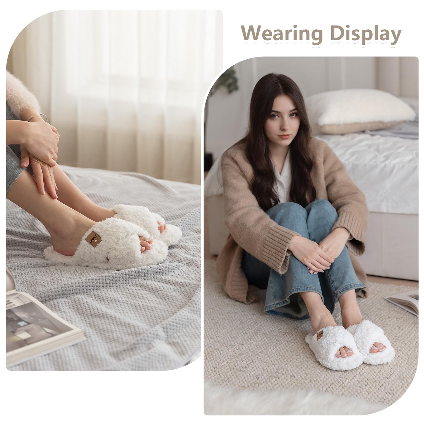 GOEWY Fuzzy Open Toe Slippers for Women Indoor and Outdoor with Memory Foam Cozy Cross Band Cute Slipper Soft House Shoes Slip On Gifts for Women Mom Her Ladies Bridesmaid White