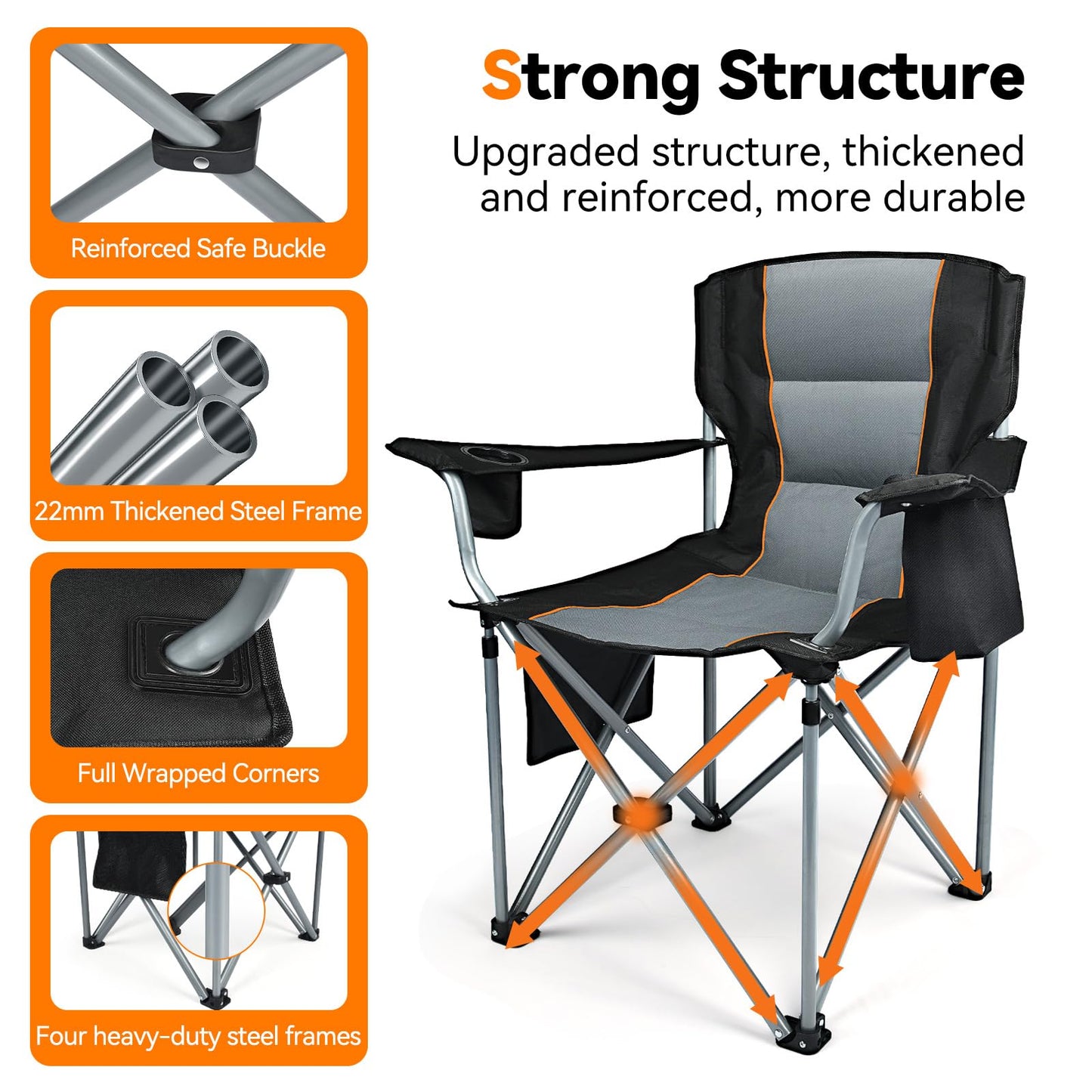 Camping Chairs, 2 Pack Oversized Heavy Duty Fully Padded Outdoor Folding Chairs with Cup Holder, Cooler Bag and Side Pocket, Support 400 LBS, Carry Bag Included, Versatile for Sports,Outdoors & Lawns