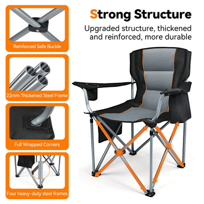 Camping Chairs, 2 Pack Oversized Heavy Duty Fully Padded Outdoor Folding Chairs with Cup Holder, Cooler Bag and Side Pocket, Support 400 LBS, Carry Bag Included, Versatile for Sports,Outdoors & Lawns