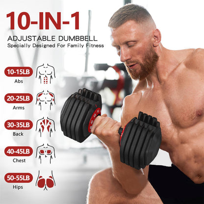 Adjustable Dumbbell 55LB Single Dumbbell Weight, 10-in-1 Weight Dumbbell with Anti-Slip Metal Handle and Bicep Supports for Comprehensive Full Body Strength Training