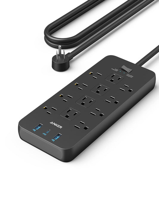 Anker Power Strip with 3 USB Ports, Surge Protector (2100J-10ft), 12 Outlets, 2 USB-A Ports and 1 USB-C Port, Works with iPhone 16/16 Plus/16 Pro/16 Pro Max, for Home, Office, TUV Listed