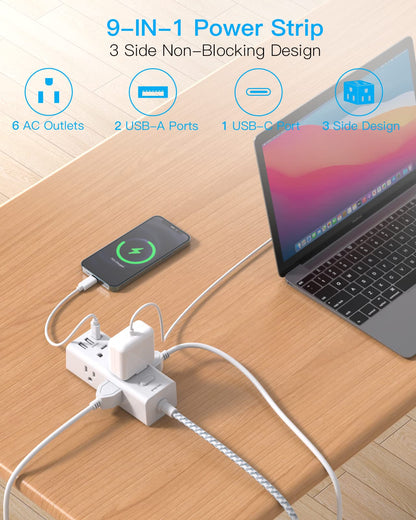 Power Strip Surge Protector - One Beat 6 Widely Outlets with 3 USB Ports (1 USB C), 5 Ft Extension Cord Flat Plug, Wall Mount Outlet Extender Small Power Strip for Travel Home Office College Dorm Room