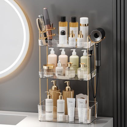 shuang qing Bathroom Counter Organizer with Hair Dryer Holder, Hair Tool Countertop Storage, Cosmetics Skincare Shelf Organizer, Makeup Organizer Perfume for Dresser Vanity Tray(3 Tier-White)