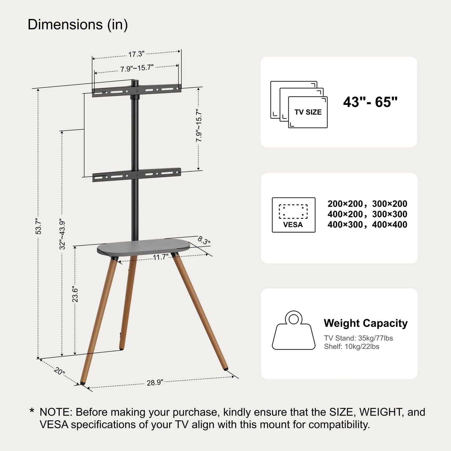 ECOTINY Tripod Easel TV Stand for 43 to 65 Inch LCD LED OLED Screen, Height Adjustable and Swievel TV Stand, Portable Corner TV Floor Stand with Wooden Tray, VESA 400x400mm, Minimalist Black Walnut