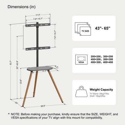 ECOTINY Tripod Easel TV Stand for 43 to 65 Inch LCD LED OLED Screen, Height Adjustable and Swievel TV Stand, Portable Corner TV Floor Stand with Wooden Tray, VESA 400x400mm, Minimalist Black Walnut