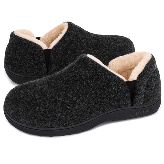 LongBay Men's Slippers Warm Bedroom Memory Foam House Shoes Slip-On for Indoor Outdoor Winter (Black, 7-8)