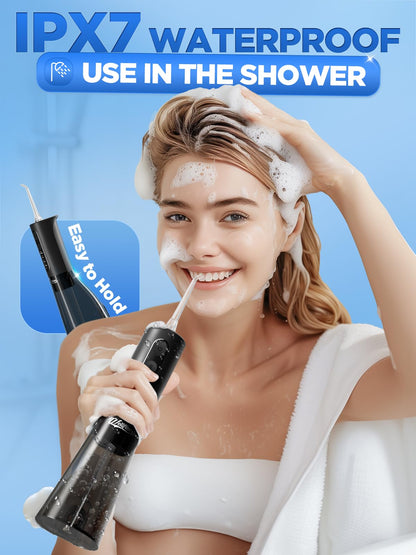 Water Dental Flosser Teeth Pick: WELLFINE Portable Cordless 4 Modes Flossers Pic 300ML Rechargeable Floss Pik Powerful IPX7 Waterproof Oral Irrigator for Cleaning Gum Care Braces for Home Travel