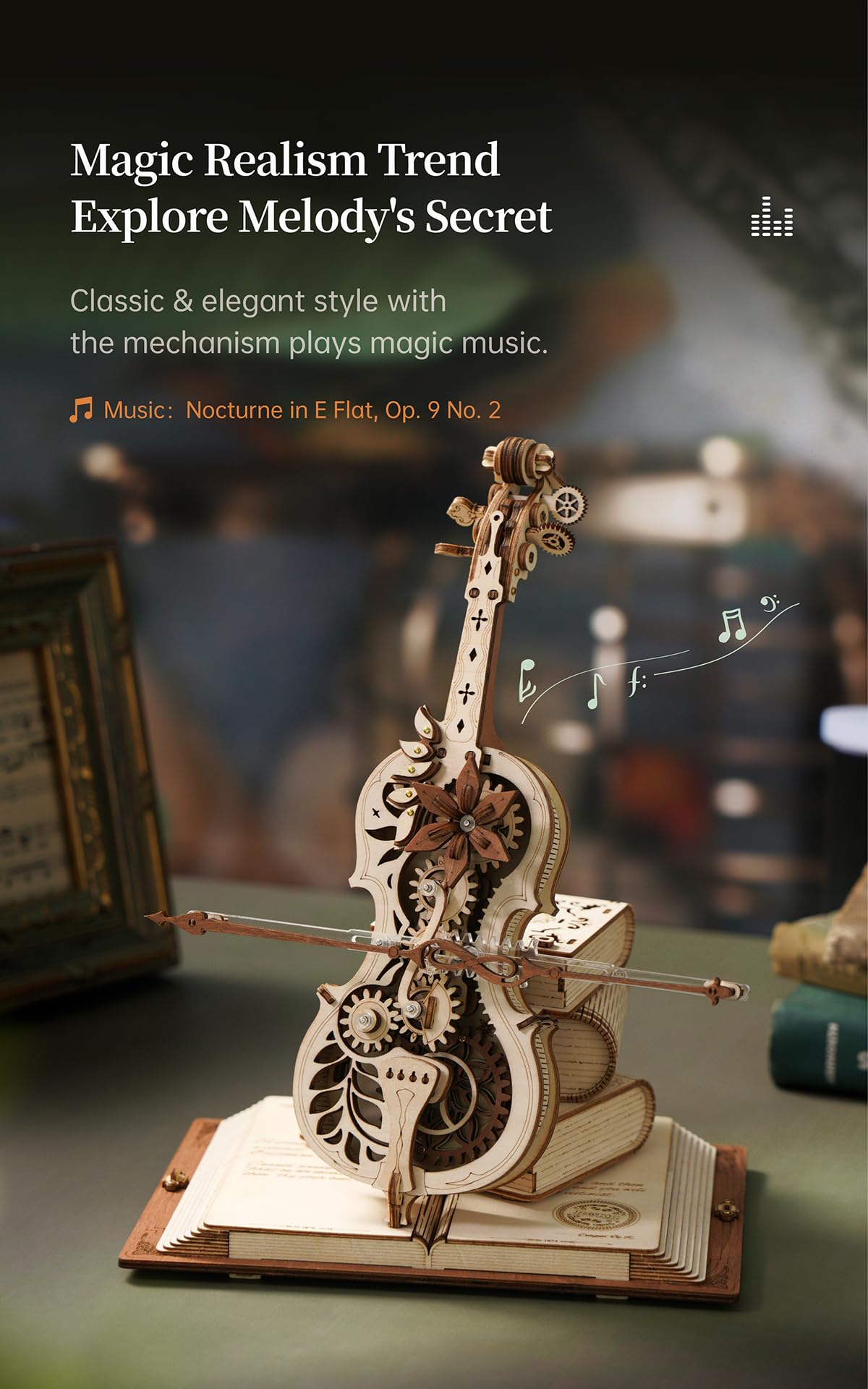 ROBOTIME Wooden Music Box Puzzles for Adults AMK63 Magic Cello, 3D Wooden Puzzles for Adults/Teens Wooden Model Kits to Build, House Warming Musical Gift Hobby Kit STEM Toy Home Decor