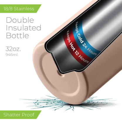 SipX™ Triple-Insulated Stainless Steel Water Bottle - 32oz. With Cover Lid, BPA-Free Reusable Insulated Water Bottle Keeps Cold For 24 Hours, (Pink)