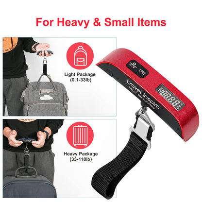 travel inspira Luggage Scale, Portable Digital Hanging Baggage Scale for Travel, Suitcase Weight Scale with Rubber Paint, 110 Pounds, Battery Included - Red