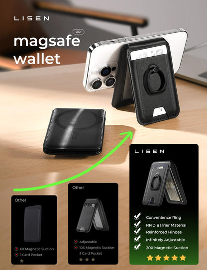 LISEN for Magsafe Wallet RFID [Strongest Magnetic] iPhone Wallet for Apple Wallet Magsafe with Adjustable Magsafe Wallet Stand Black Magnetic Wallet for iPhone 15/14/13/12 Fit Magsafe 3 Wallet