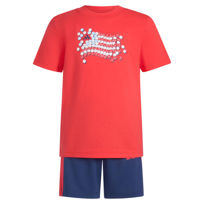 adidas Boys' Short Sleeve Cotton Tee Shirt and 3-Stripe Short Set, Pure Ruby, 3T