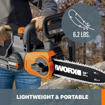 Worx 20 V 10" Cordless Chainsaw, Auto-lubrication, Tool-less Chain Tension, PowerShare, WG322- Battery & Charger Included