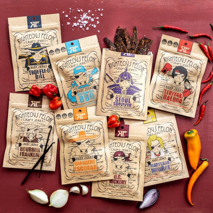 Righteous Felon Beef Jerky Variety Pack | Gluten Free Beef Jerky Snack Packs for Adults | High Protein, Keto-Friendly, Low Sugar | Made with Premium Meats | Gifts for Men | Sampler 8 Pack