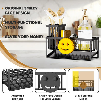 Sponge Holder for Kitchen Sink,Smiley Face Sink Caddy with Removable Brush Holder,Self-Draining Sponge Caddy for Steel Wool Scrubber,Soap,Dish Brush,Scrubber,Kitchen Essentials and Gadgets