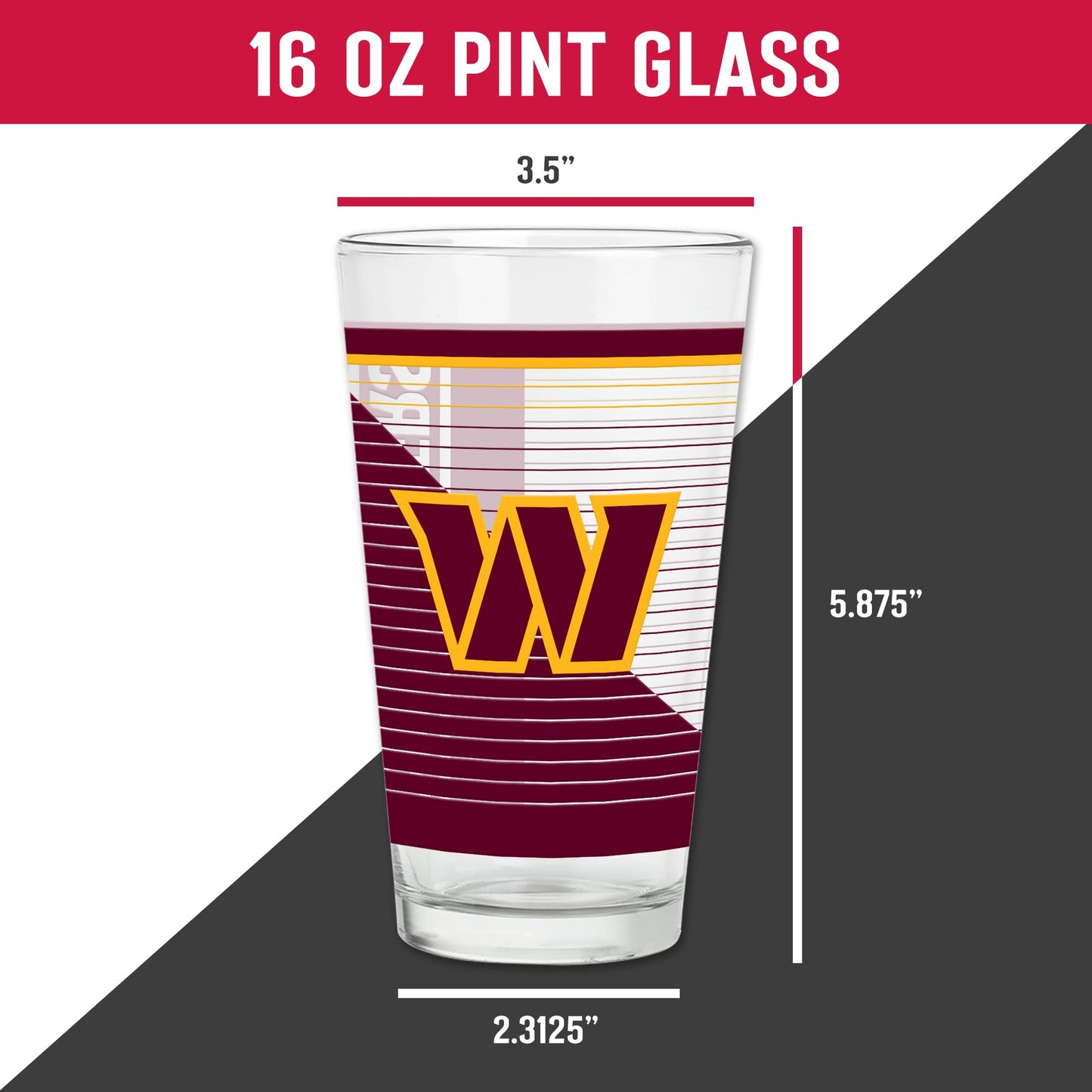 Rico Industries NFL Football Washington Commanders 16 oz Pint Glasses with Digitally Printed Logo, Practical Set of 2 Classic Drinking Glasses, Dishwasher Safe