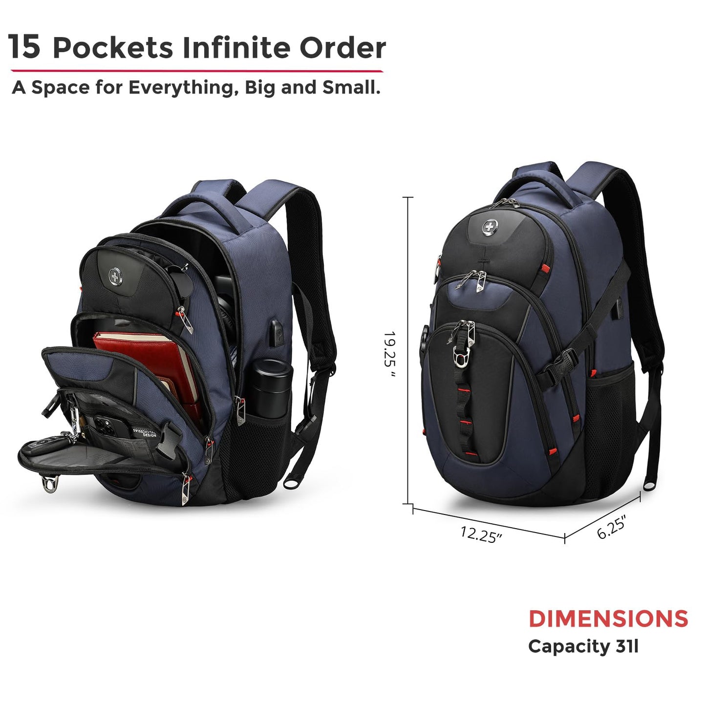 Swissdigital Design Travel Backpack for Men, 31L Business Anti Theft Laptops Backpack with USB Charging Port, College Backpack Airline Approved Fits 15.6 inches Laptops, School Bookbag for Men SD803