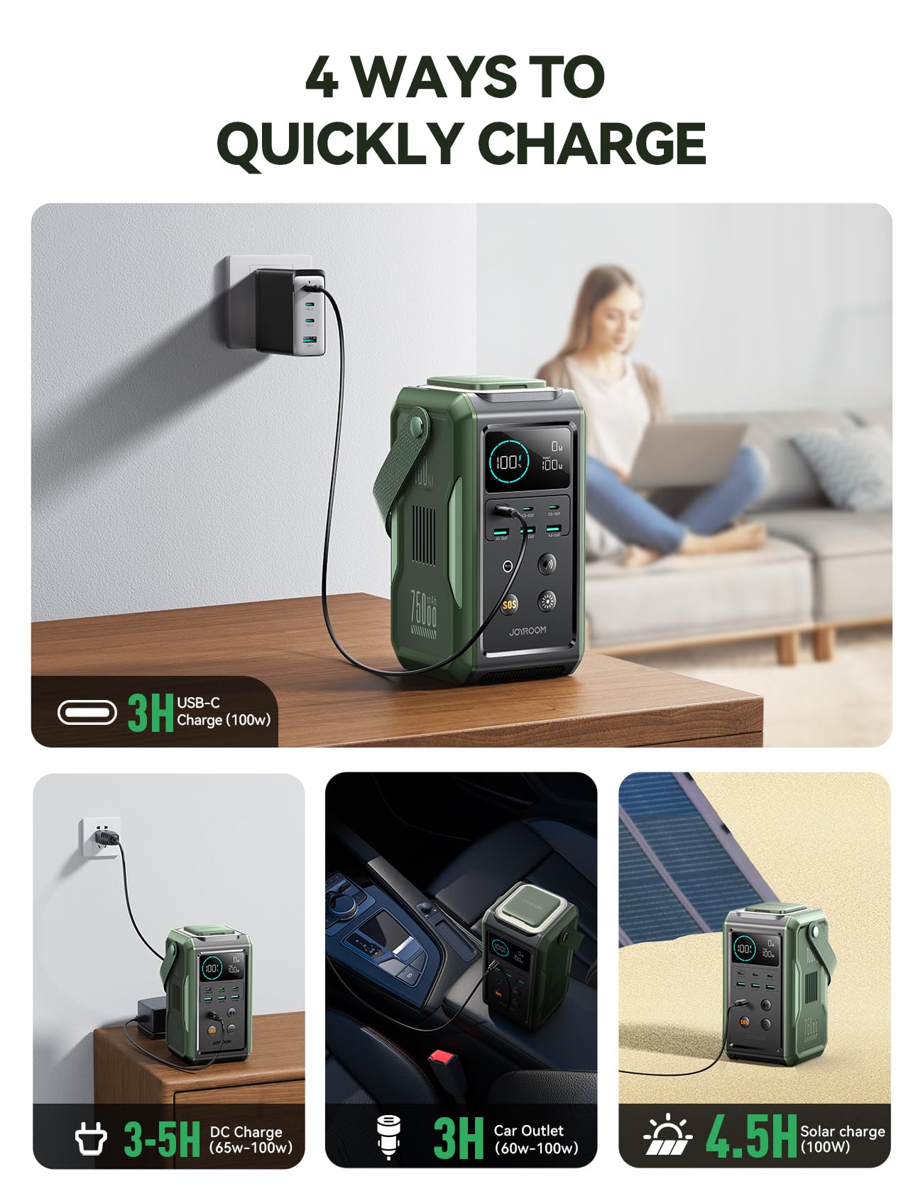 JOYROOM Portable Power Station 75000mAh，Outdoor 240Wh Battery (LED Light and SOS Mode) QC3.0 100W Fast Charging, for Camping, Traveling, and Emergencies
